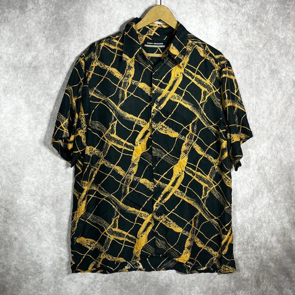 Perry Richards Silk Shirt Mens Medium Black Yellow Abstract Print Button Up Club - Picture 1 of 10